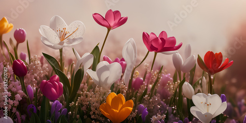 Spring flowers background banner, website header with copyspace. Colorful flowers for Mother's day, Women's Day, Birthday card, Easter. Generative AI. photo