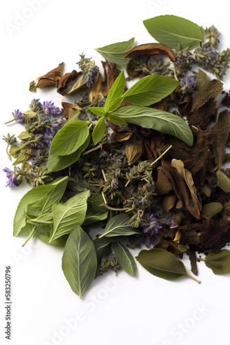 Banner, dried Italian spices, various types of basil, thyme, oregano, rosemary, sage, bay leaves and parsley on a neutral background with copy space, generative ai illustration