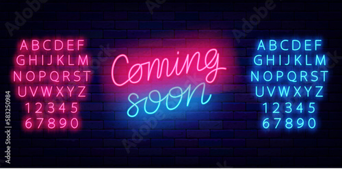 Coming soon neon lettering. Party and sale preparation. Event celebration. Vector stock illustration