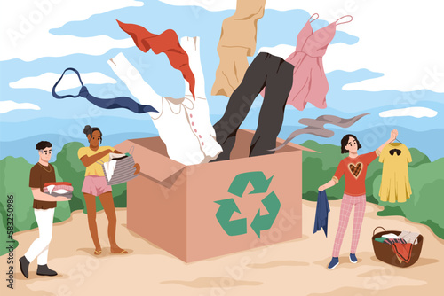 Clothes recycling. Textiles things donation, container for collecting old wears, happy people give away dresses and trousers, cartoon flat illustration, zero waste, tidy vector concept