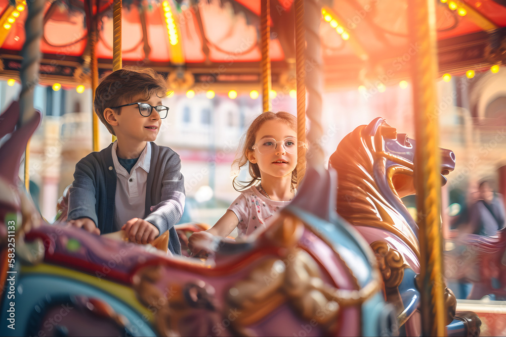 Happy boy and girl riding horses in an amusement park ride a carousel ...