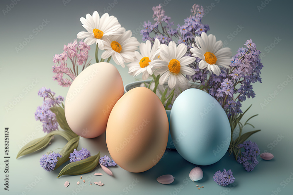 Colorful Easter eggs with spring flowers on pastel background. Greeting card, banner design. Generated AI