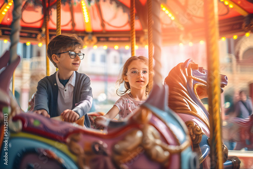 Happy boy and girl riding horses in an amusement park ride a carousel in summer, vintage classic horses. Generative AI