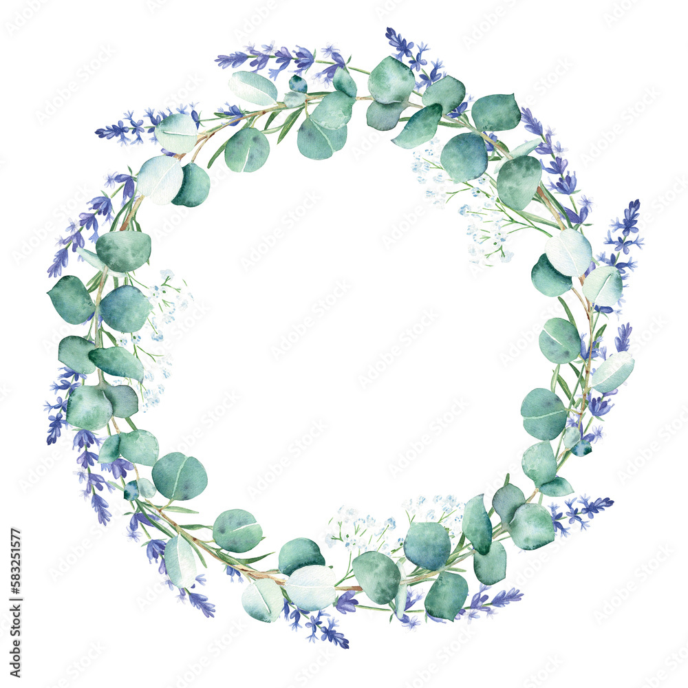 Fototapeta premium Watercolor eucalyptus and lavender branches wreath, round frame isolated on white background. Hand drawn botanical illustration. For wedding invitations, save the date, greeting card, logos, prints.