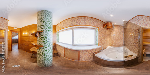 360 degree full hdri seamless panorama of bathroom interior in modern flat loft apartments in conformal projection with zenith and nadir. VR Content. Generative Ai photo