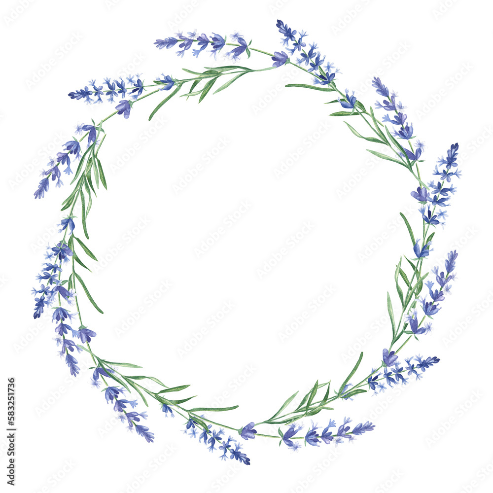 Watercolor lavender branches wreath, round frame isolated on white background. Hand drawn botanical illustration. For wedding invitations, save the date, greeting card, logos, prints.