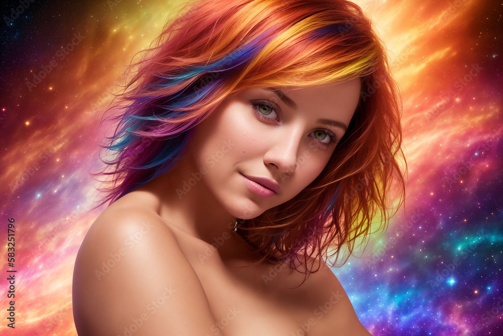 a beautiful woman with multi-colored hair looks at the camera against the backdrop of a colorful cosmic sky with stars and planets, Generative AI