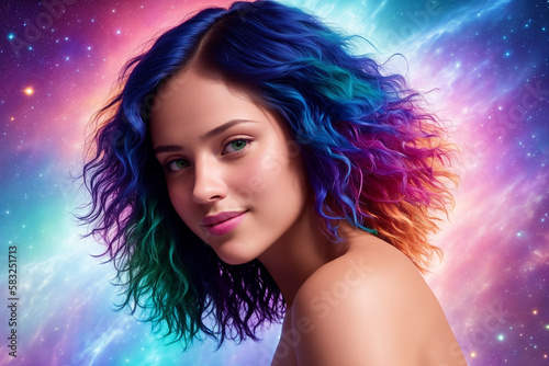 a beautiful woman with multi-colored hair looks at the camera against the backdrop of a colorful cosmic sky with stars and planets, Generative AI