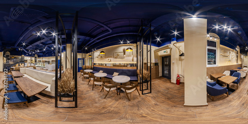 Spherical seamless hdr 360 panorama in interior of banquet hall with appliances in luxury restaurant with intimate lighting in equirectangular projection. Generative Ai