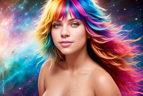 a beautiful woman with multi-colored hair looks at the camera against the backdrop of a colorful cosmic sky with stars and planets, Generative AI © Natika