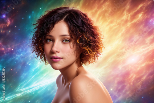 a beautiful woman with multi-colored hair looks at the camera against the backdrop of a colorful cosmic sky with stars and planets, Generative AI