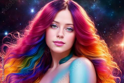 a beautiful woman with multi-colored hair looks at the camera against the backdrop of a colorful cosmic sky with stars and planets  Generative AI