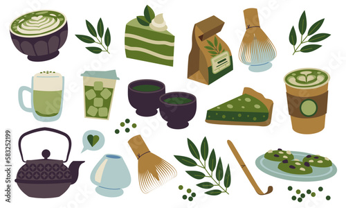 Isolated vector illustrations on a white background. Matcha tea item, pastries, latte art in a nice colorful palette