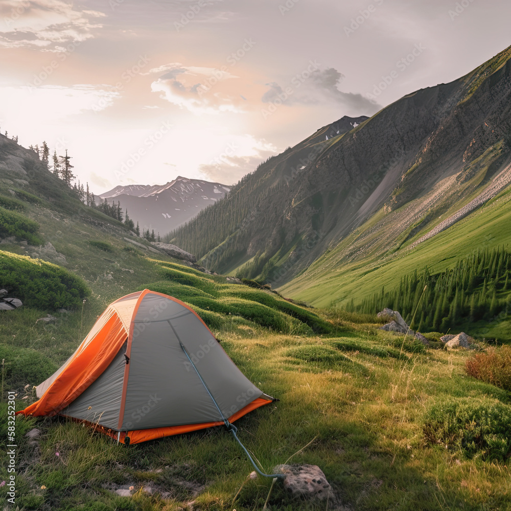 Compact tent nestled at the foot of a majestic mountain Created Using Generative Ai