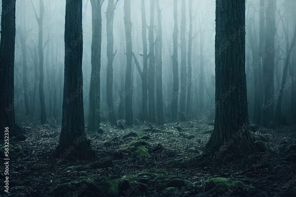 Fototapeta premium Gloomy, spooky, foggy dark forest landscape. Surreal mysterious horror forest background. Generative AI