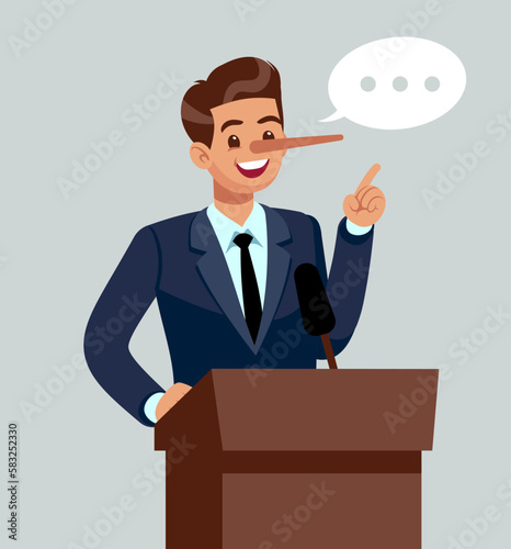 Concept of lying politician who lies from rostrum. Man in suit with huge nose, pinocchio metaphor. Fake news. Conference speech. Cartoon flat style isolated character. Vector illustration