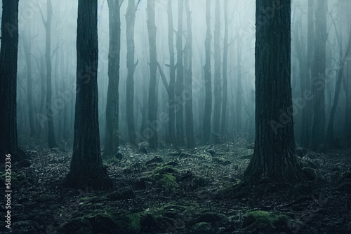 Gloomy, spooky, foggy dark forest landscape. Surreal mysterious horror forest background. Generative AI