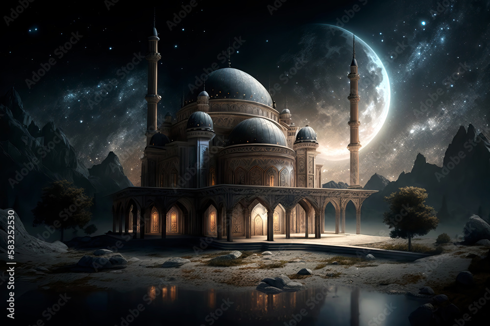 Mosque and crescent moon on starry night sky, Ramadan celebration and ...
