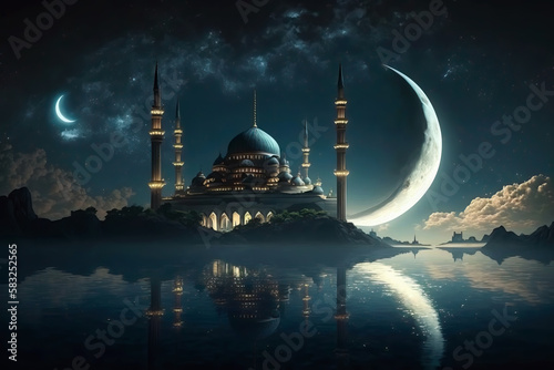 Mosque and crescent moon on starry night sky, Ramadan celebration and islamic concept. Ai generated art