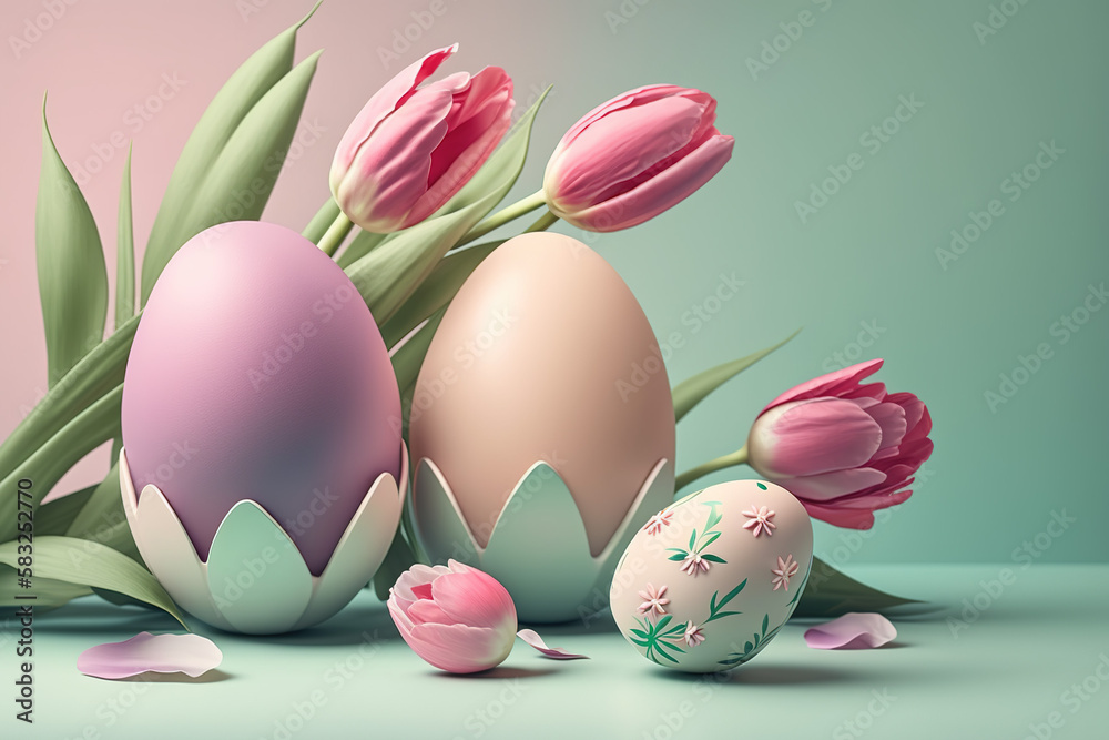 3D Easter colorful eggs with spring flowers on pastel background. Greeting card, banner design. Generated AI