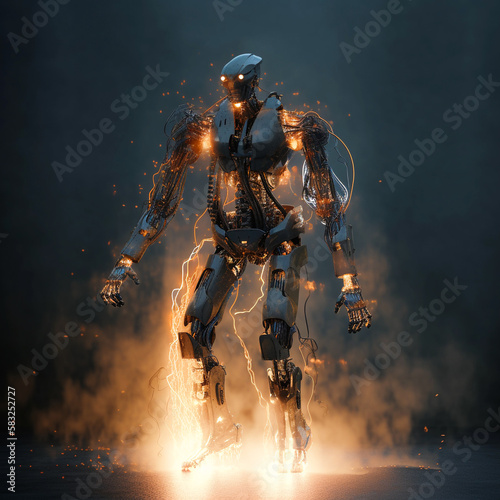 Humanoid cybernetic robot with metal mechanisms and muscles, details of electrical boards and microcircuits. Created with Generative AI technology.