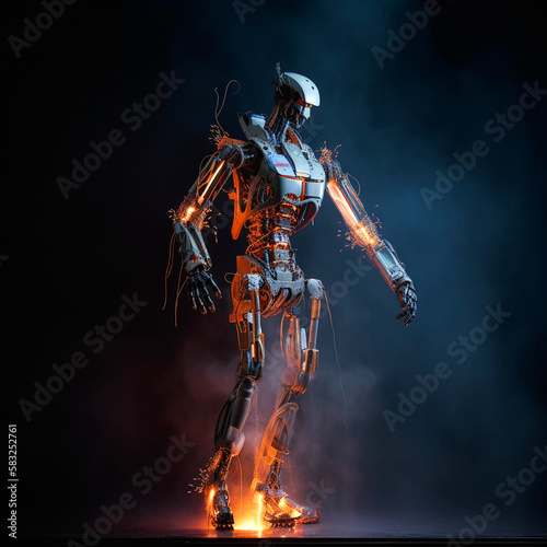 Humanoid cybernetic robot with metal mechanisms and muscles, details of electrical boards and microcircuits. Created with Generative AI technology.