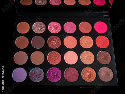 A magenta eyeshadow palette with colors ranging from light to dark. Trendy color of 2023 Viva Magenta.. AI generation.