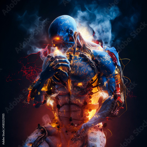 Humanoid cybernetic robot with metal mechanisms and muscles, details of electrical boards and microcircuits. Created with Generative AI technology.