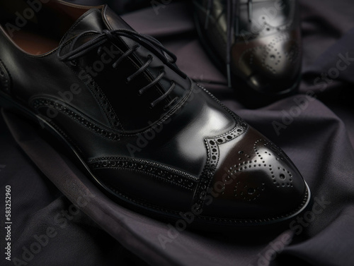 A closeup of a polished leather oxford with a textured black sock representing timeless business fashion.. AI generation.