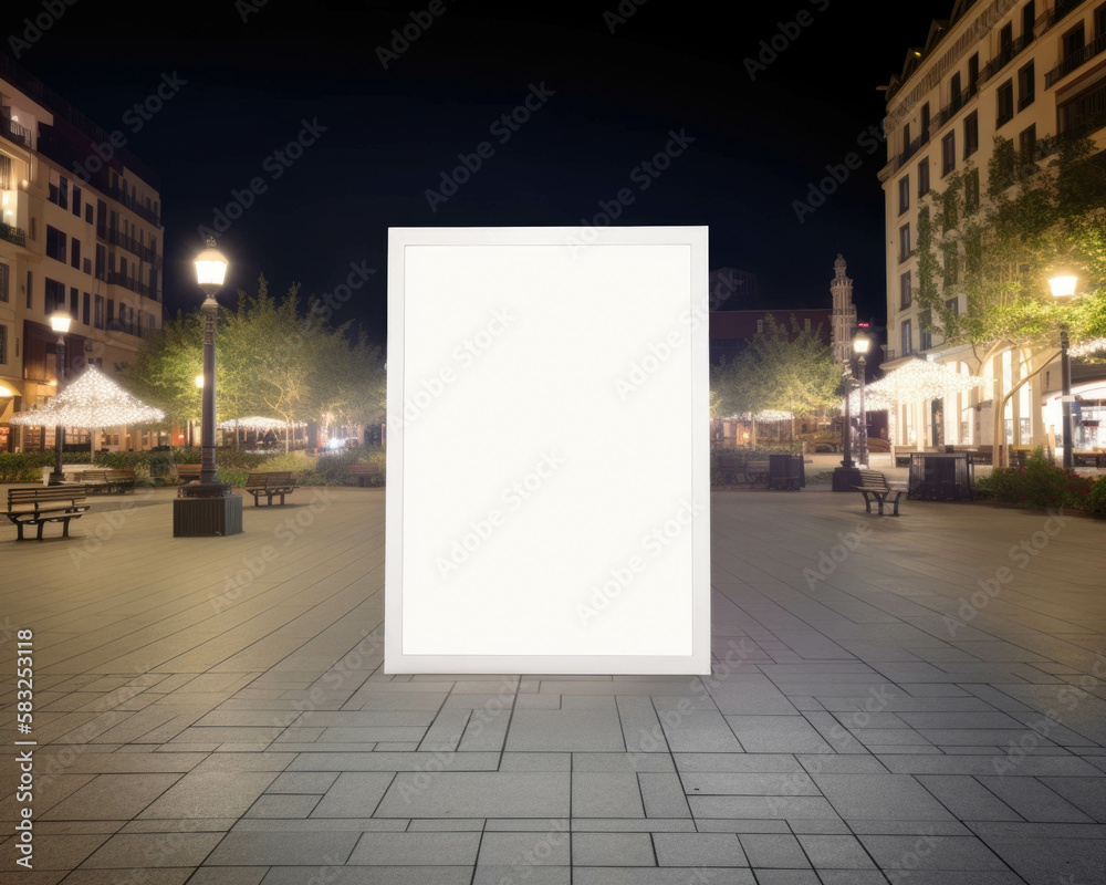 An empty public square at night on a Fourth of July. Blank empty billboard mock up. AI generation. An empty public square at night on a Fourth of July. Blank empty billboard mock up. AI generation.