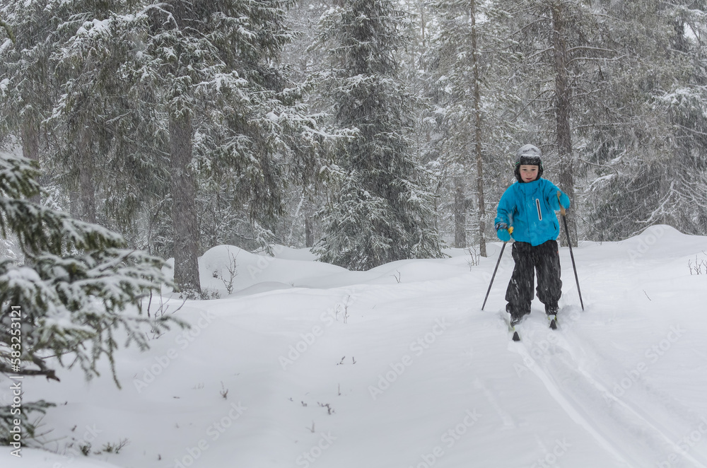 Young cross country skier in forest