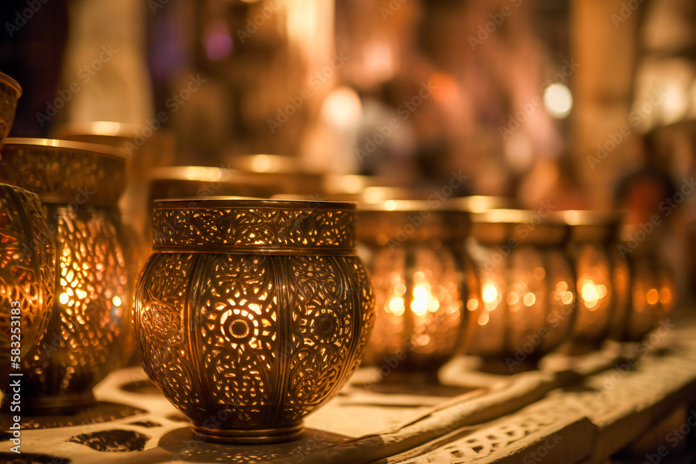 Metal filigree lanterns in a middle east bazaar. Oriental artwork and craft. Created with Generative AI technology. Metal filigree lanterns in a middle east bazaar. Oriental artwork and craft. Created with Generative AI technology.