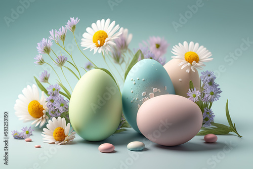 Colorful Easter eggs with spring flowers on pastel background. Greeting card  banner design. Generated AI