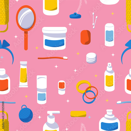 Seamless pattern with bath accessories and care products. Toiletry collection. Personal hygiene items. Pink, yellow and orange palette. Vector illustration