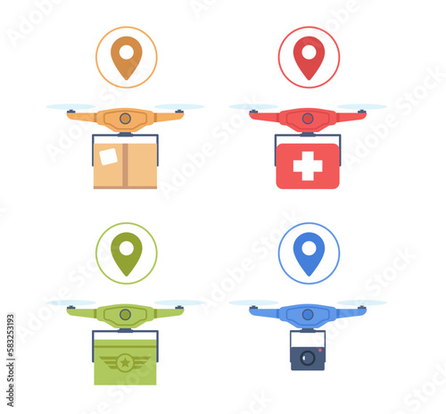 Drones for different purposes surveillance, delivery, medical and military. Remote control flying copter with propellers hold package boxes. Vector cartoon flat style isolated set