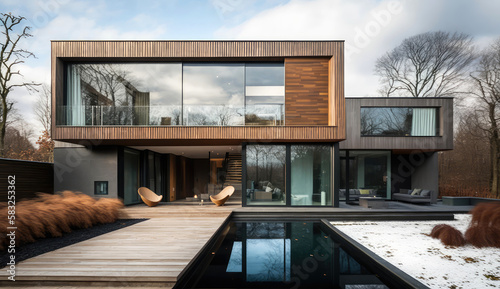 Wood, metal and glass. Ultra-modern minimalistic style home design. Generative AI
