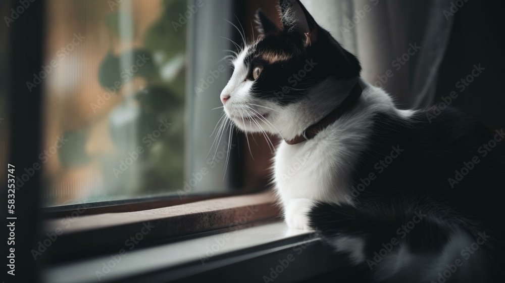A black and white cat sitting on a windowsill, watching a bird outside with a dreamy look on its face. Generative AI