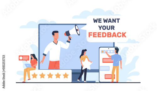 Feedback concept, man with loudspeaker asks customers to leave feedback. Huge smartphone and laptop screen, tiny people put golden stars and write comments. Vector cartoon flat concept