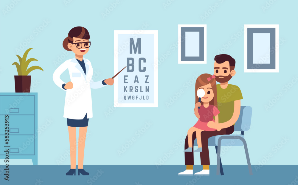 Female ophthalmologist in white coat is examining girls state of vision. father with daughter in ophthalmology clinic. Kids oculist doctor. Cartoon flat illustration. Vector healthcare concept