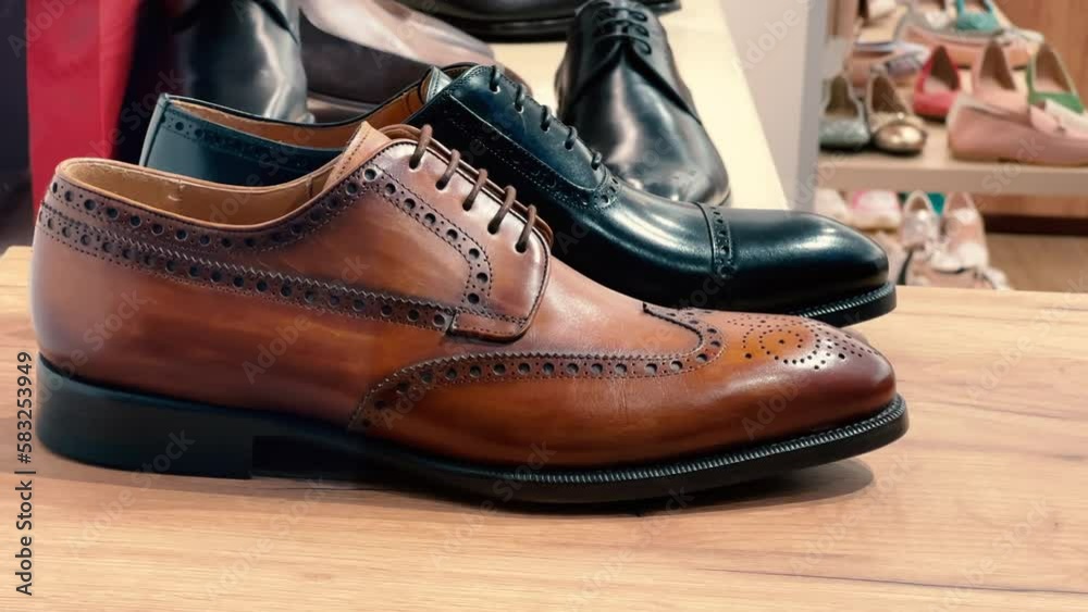 Men's brogues and derbies are on the shoe store shelf Men's brogues and derbies are on the shoe store shelf