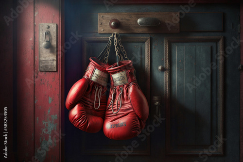 boxing gloves hanging behind the door. generate ai © Mariel