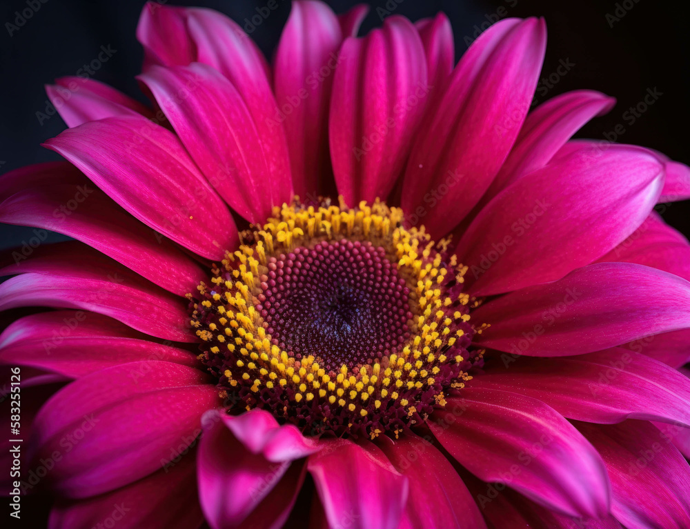 A vivid magenta sunflower in full bloom radiating with life and energy in a close up. Trendy color of 2023 Viva Magenta.. AI generation.