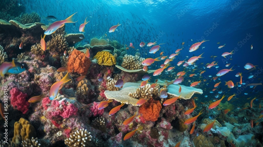 Fototapeta premium A school of colorful fish swimming around a coral reef Generative AI