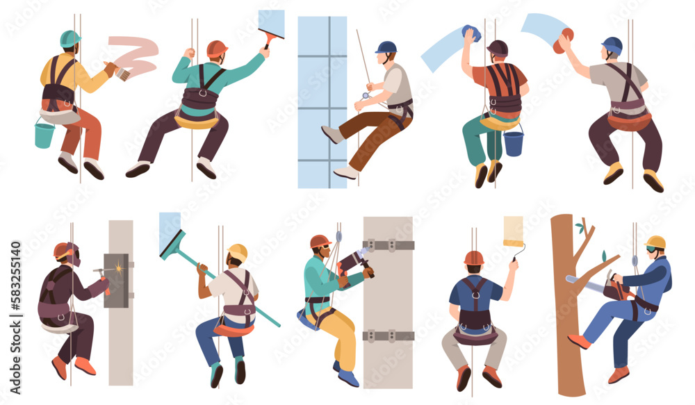 Industrial climbers. Dangerous profession, men work at height with safety ropes, special equipment, skyscraper window wash, alpinist hanging, cartoon flat s characters, tidy vector set - obrazy, fototapety, plakaty 