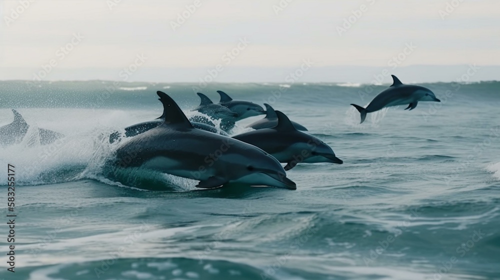 Fototapeta premium A group of playful dolphins jumping and playing in the waves Generative AI