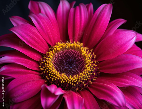 A vivid magenta sunflower in full bloom radiating with life and energy in a close up. Trendy color of 2023 Viva Magenta.. AI generation.