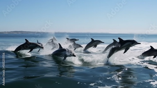 A group of playful dolphins jumping and playing in the waves Generative AI