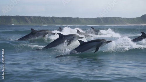 A group of playful dolphins jumping and playing in the waves Generative AI © Наталья Евтехова