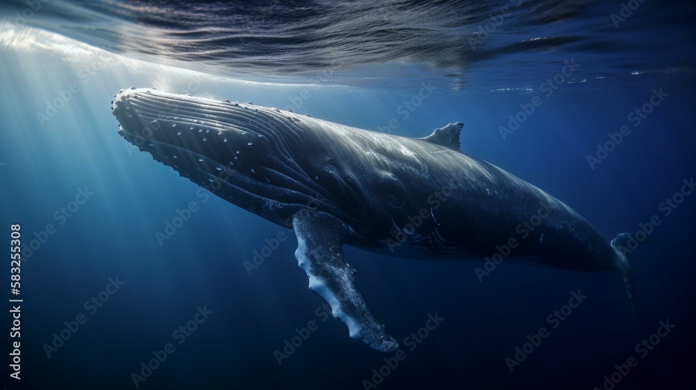 A majestic blue whale slowly swimming through the ocean Generative AI A majestic blue whale slowly swimming through the ocean Generative AI
