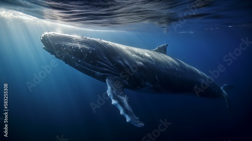 A majestic blue whale slowly swimming through the ocean Generative AI © Наталья Евтехова